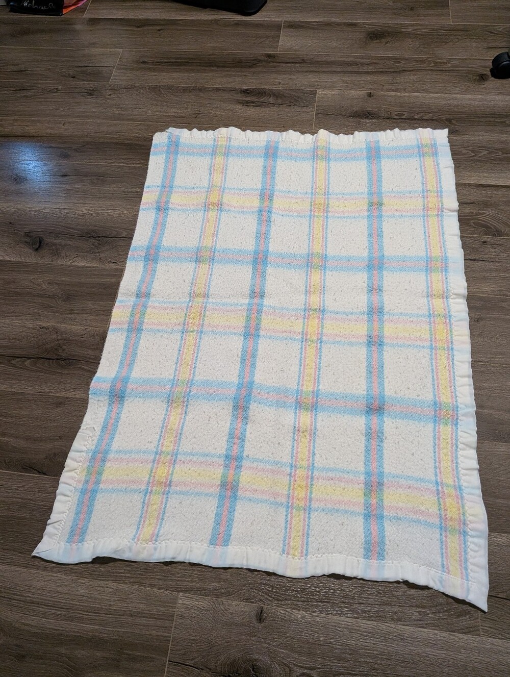 Baby Esmond Vintage Acrylic Pastel Plaid Baby Blanket Satin Trim Pink Blue Plaid